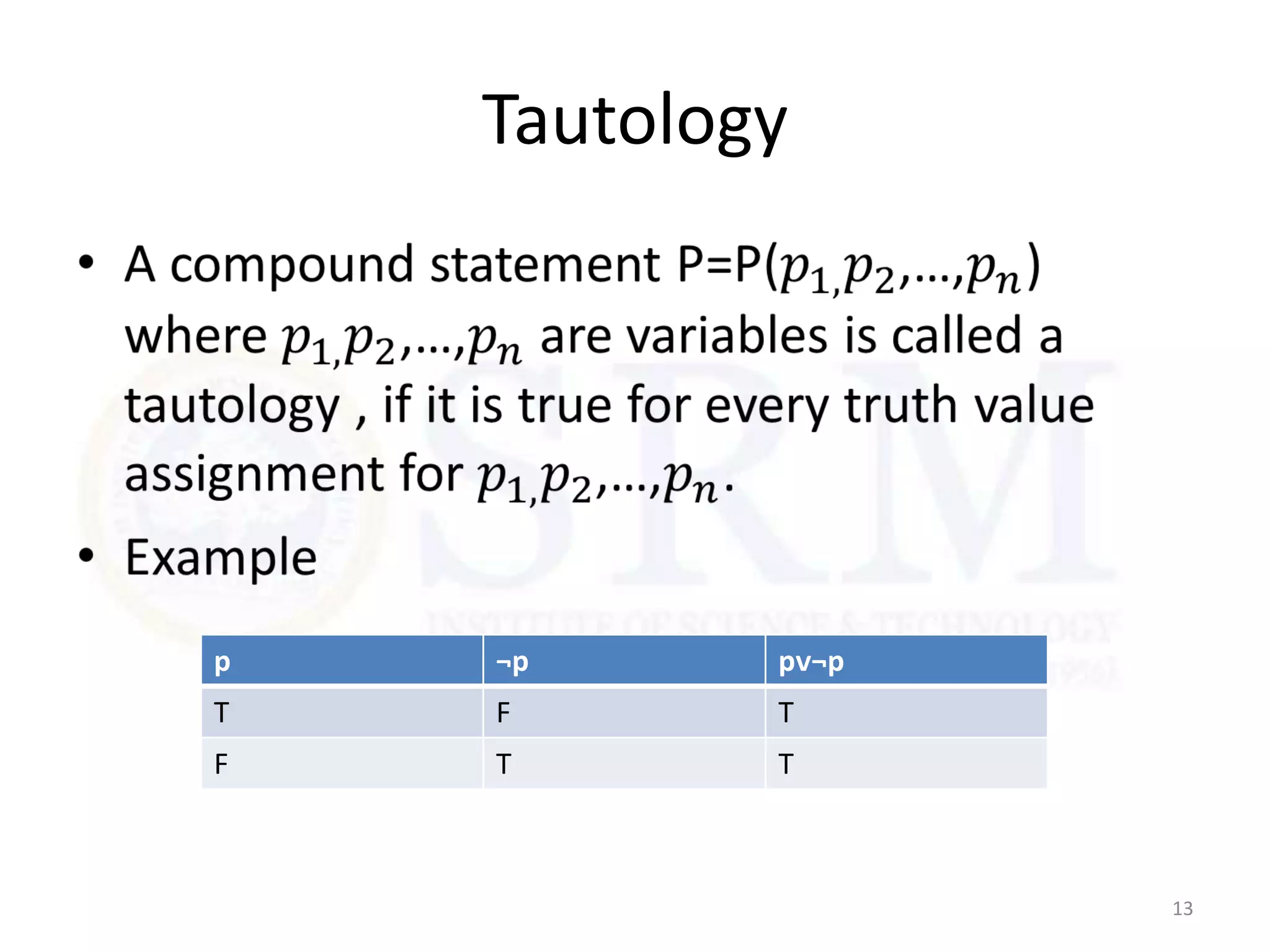 Tautology
13
p ¬p pᴠ¬p
T F T
F T T
 