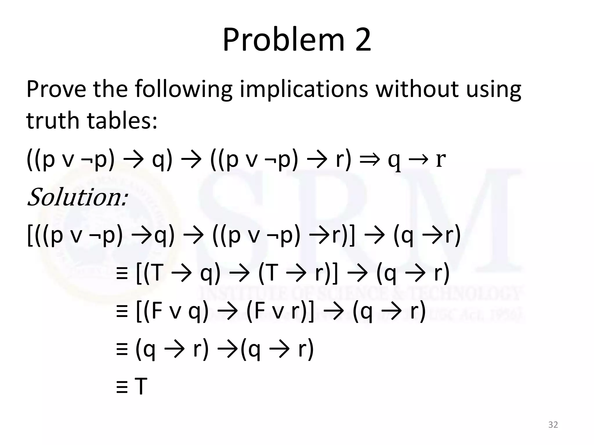 Problem 2
Prove the following implications without using
truth tables:
((p ᴠ ¬p) → q) → ((p ᴠ ¬p) → r) ⇒ q → r
Solution:
[((p ᴠ ¬p) →q) → ((p ᴠ ¬p) →r)] → (q →r)
≡ [(T → q) → (T → r)] → (q → r)
≡ [(F ᴠ q) → (F ᴠ r)] → (q → r)
≡ (q → r) →(q → r)
≡ T
32
 