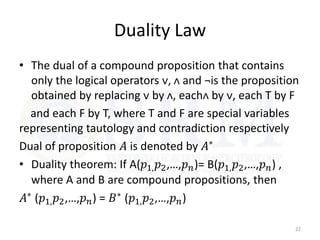 Duality Law
• The dual of a compound proposition that contains
only the logical operators ᴠ, ᴧ and ¬is the proposition
obtained by replacing ᴠ by ᴧ, eachᴧ by ᴠ, each T by F
and each F by T, where T and F are special variables
representing tautology and contradiction respectively
Dual of proposition 𝐴 is denoted by 𝐴∗
• Duality theorem: If A(𝑝1,𝑝2,…,𝑝𝑛)= B(𝑝1,𝑝2,…,𝑝𝑛) ,
where A and B are compound propositions, then
𝐴∗ (𝑝1,𝑝2,…,𝑝𝑛) = 𝐵∗ (𝑝1,𝑝2,…,𝑝𝑛)
22
 