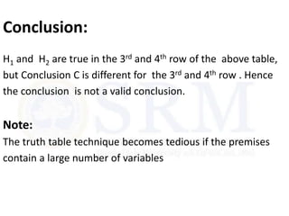 Conclusion:
H1 and H2 are true in the 3rd and 4th row of the above table,
but Conclusion C is different for the 3rd and 4th row . Hence
the conclusion is not a valid conclusion.
Note:
The truth table technique becomes tedious if the premises
contain a large number of variables
 