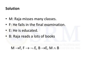 Solution
• M: Raja misses many classes.
• F: He fails in the final examination.
• E: He is educated.
• B: Raja reads a lots of books
M F, F   E, B E, M  B
 
