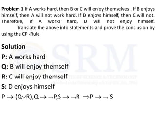 Problem 1 If A works hard, then B or C will enjoy themselves . If B enjoys
himself, then A will not work hard. If D enjoys himself, then C will not.
Therefore, if A works hard, D will not enjoy himself.
Translate the above into statements and prove the conclusion by
using the CP -Rule
Solution
P: A works hard
Q: B will enjoy themself
R: C will enjoy themself
S: D enjoys himself
P  (QR),Q  P,S  R P   S
 