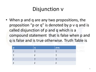 Disjunction ᴠ
• When p and q are any two propositions, the
proposition “p or q” is denoted by p ᴠ q and is
called disjunction of p and q which is a
compound statement that is false when p and
q is false and is true otherwise. Truth Table is
8
p q pᴠq
T T T
T F T
F T T
F F F
 