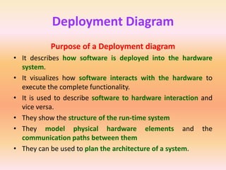 Deployment Diagram
Purpose of a Deployment diagram
• It describes how software is deployed into the hardware
system.
• It visualizes how software interacts with the hardware to
execute the complete functionality.
• It is used to describe software to hardware interaction and
vice versa.
• They show the structure of the run-time system
• They model physical hardware elements and the
communication paths between them
• They can be used to plan the architecture of a system.
 