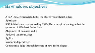 Stakeholders objectives
A SoA initiative needs to fulfill the objectives of stakeholders
Sponsors
SOA initiatives are sponsored by CXOs,The strategic advantages that the
sponsors of SOA look for include
Alignment of business and It
Reduced time to market
Agility
Vendor independence
Competitive Edge through leverage of new Technologies
 