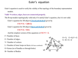 Euler’s equation
Euler’s equation is used to verify the validity of the topology of the boundary representation
models.
Valid vertices, edges, faces are connected properly.
The B-rep models topologically valid only if it satisfy Euler’s equation, else it is not valid.
Euler’s equation for 3D object (Closed polyhedral) given by
F-E+V-L = 2(B-G)
Euler’s equation for 3D object (Open polyhedral) given by
F-E+V-L = B-G
And the simplest version of this equations is F-E+V = 2.
F =Number of faces
E =Number of edges .
V =Number of vertices
L =Number of inner loops on faces (All faces combined)
G=Genus (no of handles or through holes)
B= Number of Bodies
V = 5, E = 8, F = 5
5 – 8 + 5 = 2
f4
E4
f2 E3
E7
E8
E5
f5 E2 E6
v2
v3
f1
f3
E1 v4
v5
v1
 