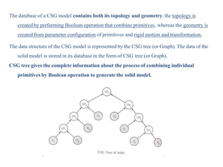 The database of a CSG model contains both its topology and geometry. the topology is
created by performing Boolean operation that combine primitives, whereas the geometry is
created from parameter configuration of primitives and rigid motion and transformation.
The data structure of the CSG model is represented by the CSG tree (or Graph). The data of the
solid model is stored in its database in the form of CSG tree (or Graph).
CSG tree gives the complete information about the process of combining individual
primitives by Boolean operation to generate the solid model.
 