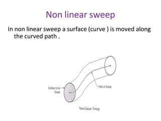 Non linear sweep
In non linear sweep a surface (curve ) is moved along
the curved path .
 