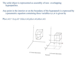 The solid object is represented as assembly of non –overlapping
hyperpatches.
Any point in the interior or on the boundary of the hyperpatch is expressed by
a parametric equation containing three variables u,v,w is given by
P(u,v,w) = (x,y,z)= (x(u,v,w),y(u,v,w),z(u,v,w)
 