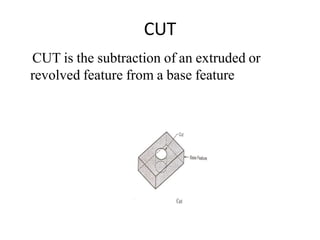 CUT
CUT is the subtraction of an extruded or
revolved feature from a base feature
 