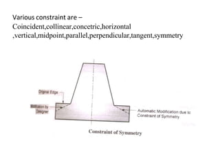 Various constraint are –
Coincident,collinear,concetric,horizontal
,vertical,midpoint,parallel,perpendicular,tangent,symmetry
 