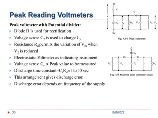 30
Peak voltmeter with Potential divider:
 Diode D is used for rectification
 Voltage across C2 is used to charge C3
 Resistance Rd permits the variation of Vm when
V2 is reduced
 Electrostatic Voltmeter as indicating instrument
 Voltage across Cs  Peak value to be measured
 Discharge time constant=CsRd1 to 10 sec
 This arrangement gives discharge error.
 Discharge error depends on frequency of the supply
Peak Reading Voltmeters
8/8/2022
 