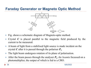  Fig. shows a schematic diagram of Magneto-optic method.
 Crystal C is placed parallel to the magnetic field produced by the
current to be measured.
 A beam of light from a stabilised light source is made incident on the
crystal C after it is passed through the polariser P1.
 The light beam undergoes rotation of its plane of polarisation.
 After the beam passes through the analyser P2, the beamis focussed on a
photomultiplier, the output of which is fed to a CRO.
36
Faraday Generator or Magneto Optic Method
8/8/2022
 