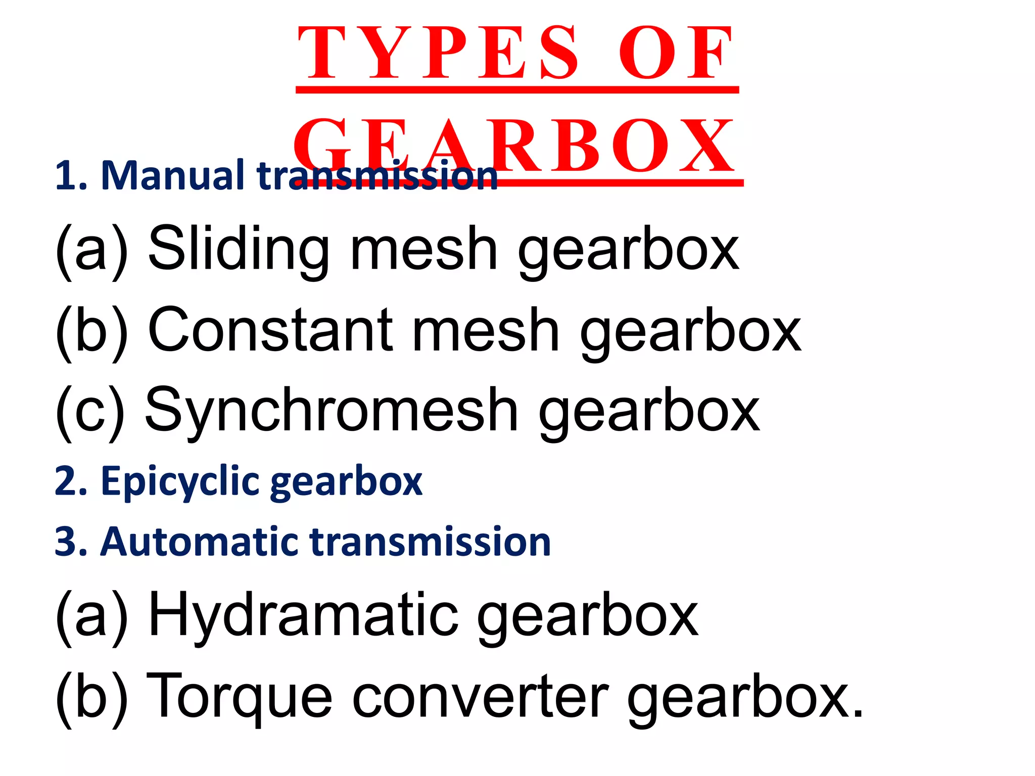 TYPES OF
GEARBOX
1. Manual transmission
(a) Sliding mesh gearbox
(b) Constant mesh gearbox
(c) Synchromesh gearbox
2. Epicyclic gearbox
3. Automatic transmission
(a) Hydramatic gearbox
(b) Torque converter gearbox.
 