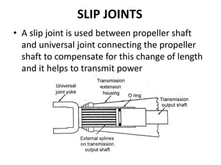 SLIP JOINTS
• A slip joint is used between propeller shaft
and universal joint connecting the propeller
shaft to compensate for this change of length
and it helps to transmit power
 