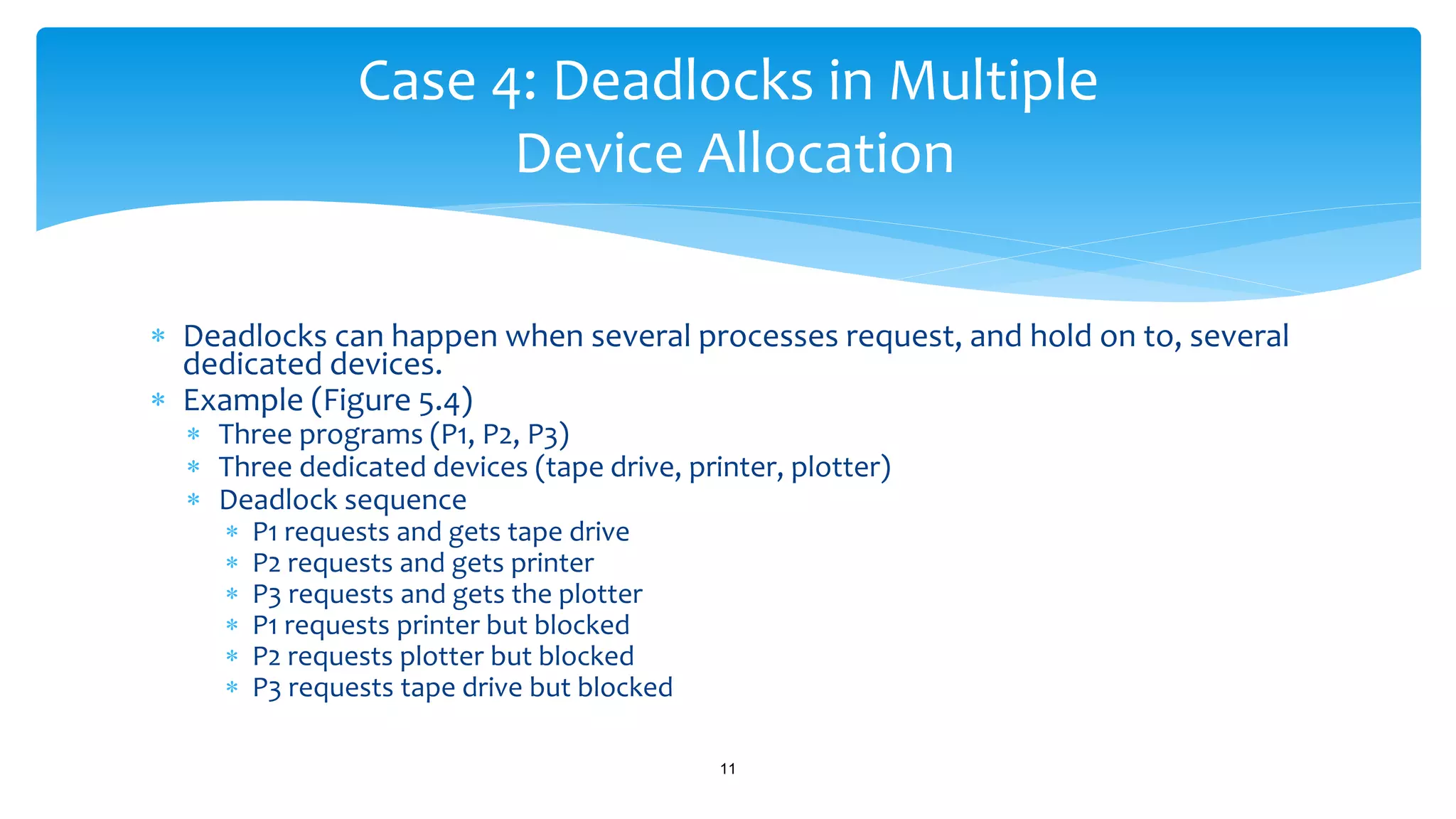  Deadlocks can happen when several processes request, and hold on to, several
dedicated devices.
 Example (Figure 5.4)
 Three programs (P1, P2, P3)
 Three dedicated devices (tape drive, printer, plotter)
 Deadlock sequence
 P1 requests and gets tape drive
 P2 requests and gets printer
 P3 requests and gets the plotter
 P1 requests printer but blocked
 P2 requests plotter but blocked
 P3 requests tape drive but blocked
11
Case 4: Deadlocks in Multiple
Device Allocation
 