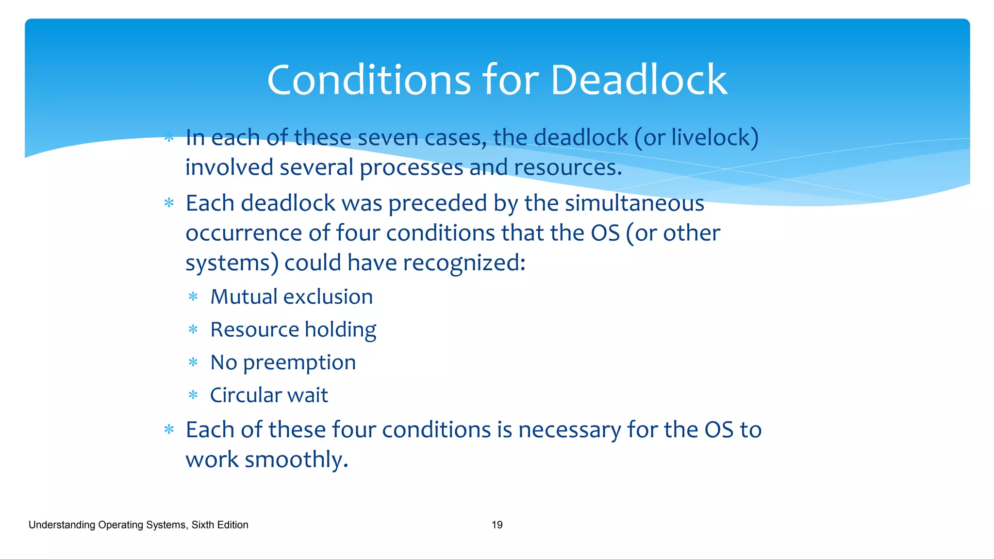  In each of these seven cases, the deadlock (or livelock)
involved several processes and resources.
 Each deadlock was preceded by the simultaneous
occurrence of four conditions that the OS (or other
systems) could have recognized:
 Mutual exclusion
 Resource holding
 No preemption
 Circular wait
 Each of these four conditions is necessary for the OS to
work smoothly.
Understanding Operating Systems, Sixth Edition 19
Conditions for Deadlock
 
