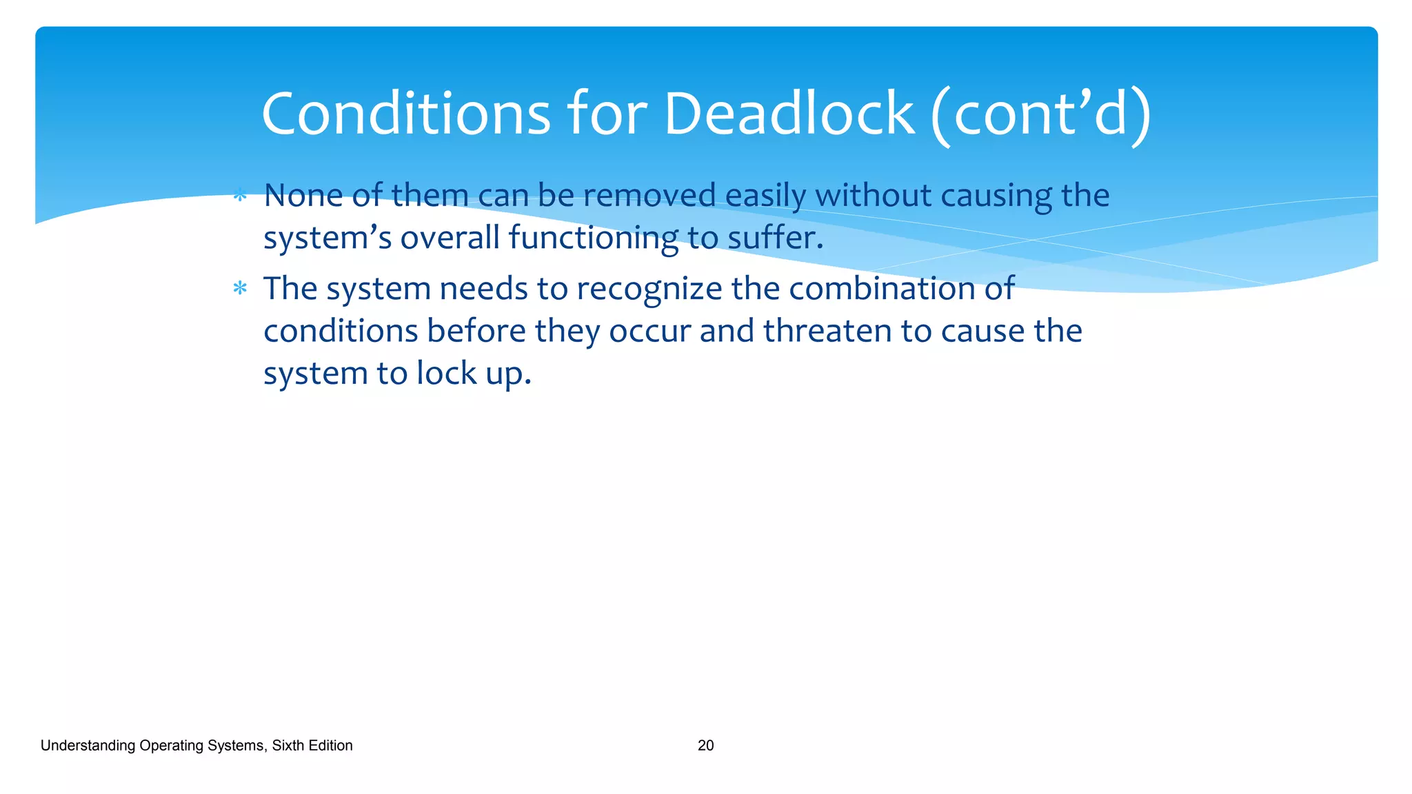  None of them can be removed easily without causing the
system’s overall functioning to suffer.
 The system needs to recognize the combination of
conditions before they occur and threaten to cause the
system to lock up.
Understanding Operating Systems, Sixth Edition 20
Conditions for Deadlock (cont’d)
 