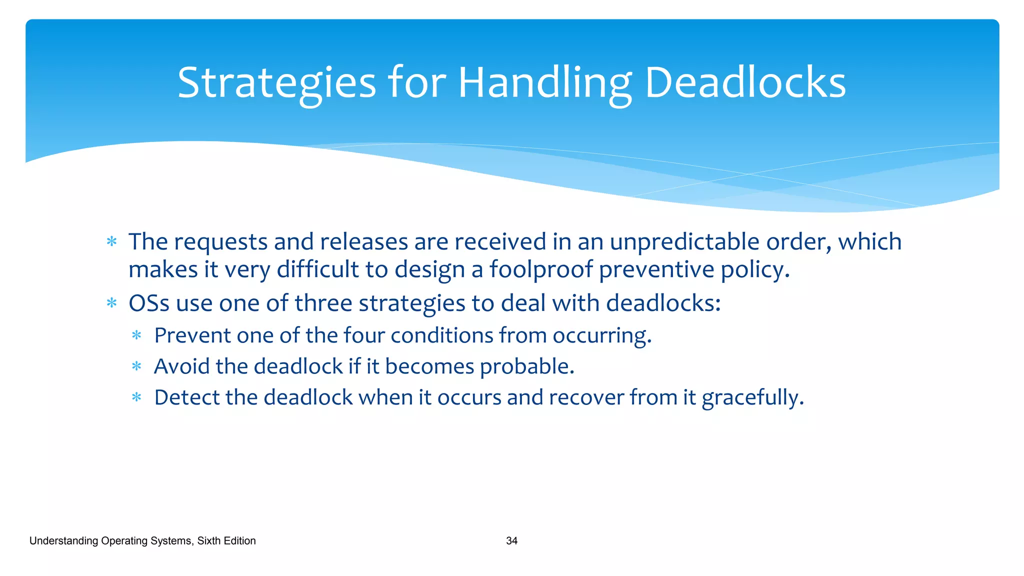  The requests and releases are received in an unpredictable order, which
makes it very difficult to design a foolproof preventive policy.
 OSs use one of three strategies to deal with deadlocks:
 Prevent one of the four conditions from occurring.
 Avoid the deadlock if it becomes probable.
 Detect the deadlock when it occurs and recover from it gracefully.
Understanding Operating Systems, Sixth Edition 34
Strategies for Handling Deadlocks
 