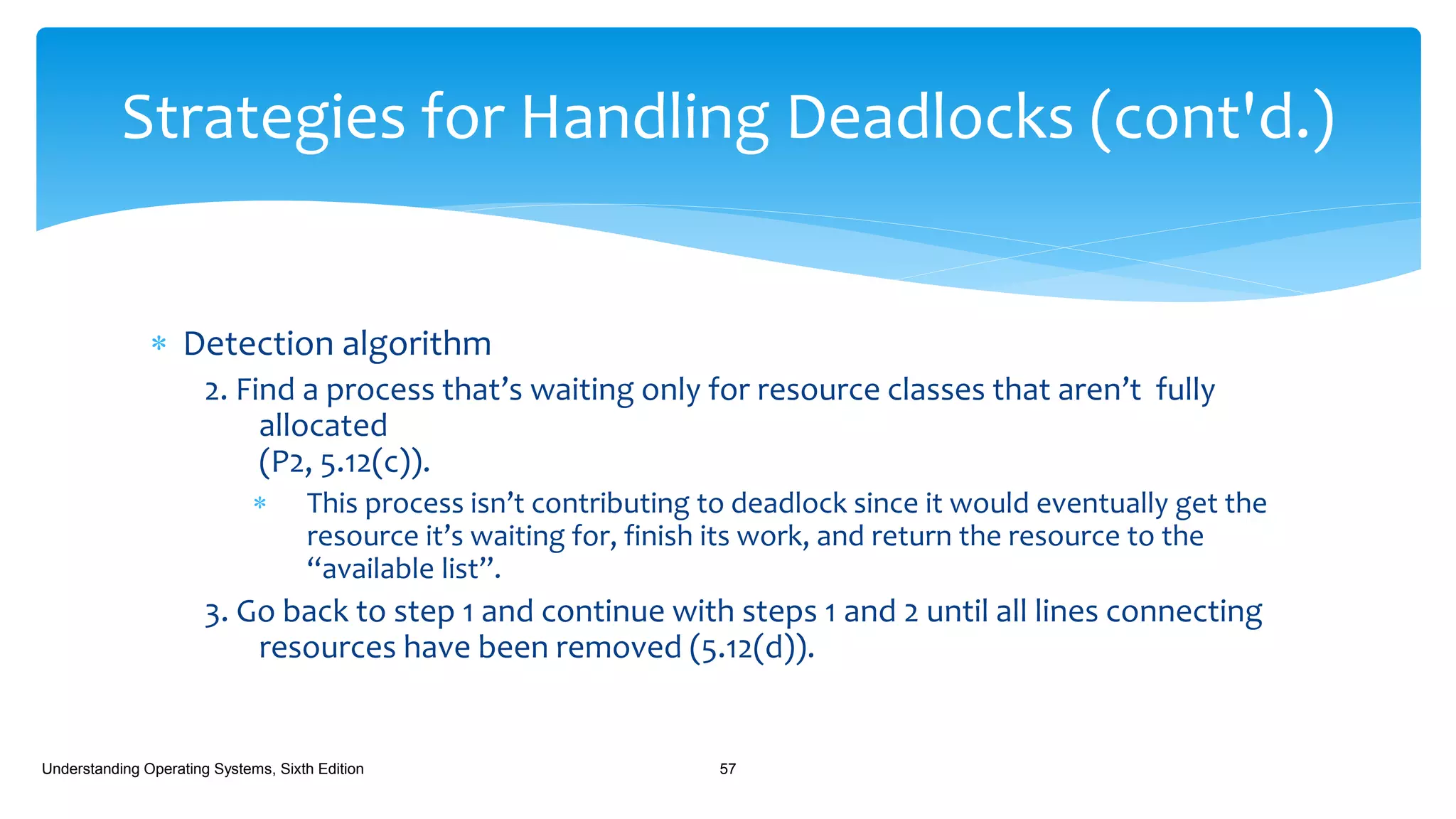  Detection algorithm
2. Find a process that’s waiting only for resource classes that aren’t fully
allocated
(P2, 5.12(c)).
 This process isn’t contributing to deadlock since it would eventually get the
resource it’s waiting for, finish its work, and return the resource to the
“available list”.
3. Go back to step 1 and continue with steps 1 and 2 until all lines connecting
resources have been removed (5.12(d)).
Understanding Operating Systems, Sixth Edition 57
Strategies for Handling Deadlocks (cont'd.)
 