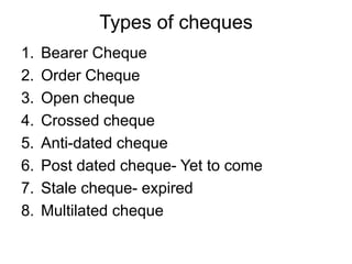 Types of cheques
1. Bearer Cheque
2. Order Cheque
3. Open cheque
4. Crossed cheque
5. Anti-dated cheque
6. Post dated cheque- Yet to come
7. Stale cheque- expired
8. Multilated cheque
 