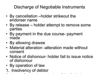 Discharge of Negotiable Instruments
• By cancellation –holder strikeout the
endorser name
• By release – holder attempt to remove some
parties
• By payment in the due course- payment
made
• By allowing drawee
• Material alteration -alteration made without
consent
• Notice of dishonour- holder fail to issue notice
of dishonour
• By operation of law
1. Insolvency of debtor
 