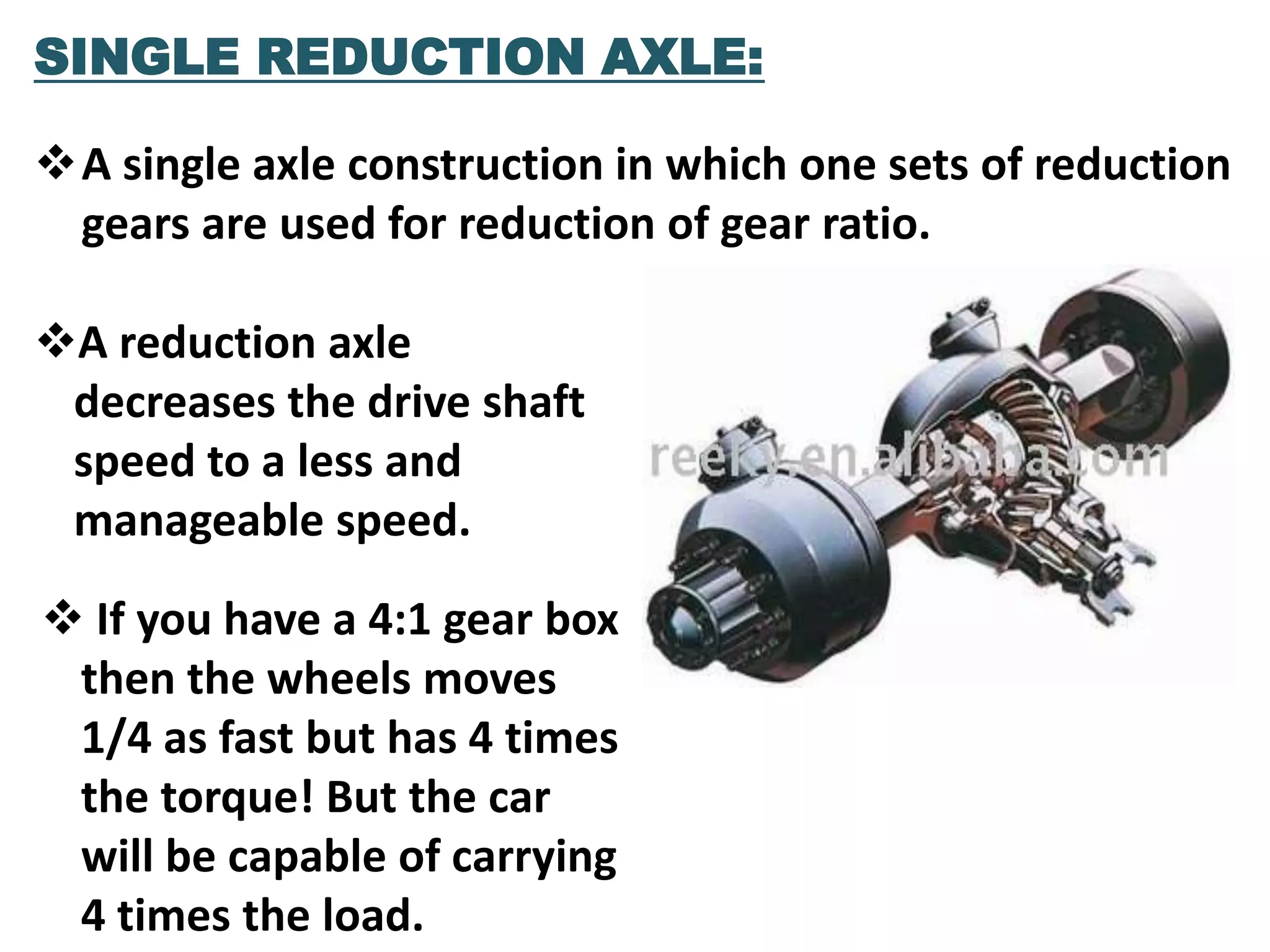 SINGLE REDUCTION AXLE:

A single axle construction in which one sets of reduction
 gears are used for reduction of gear ratio.

A reduction axle
 decreases the drive shaft
 speed to a less and
 manageable speed.

 If you have a 4:1 gear box
 then the wheels moves
 1/4 as fast but has 4 times
 the torque! But the car
 will be capable of carrying
 4 times the load.
 