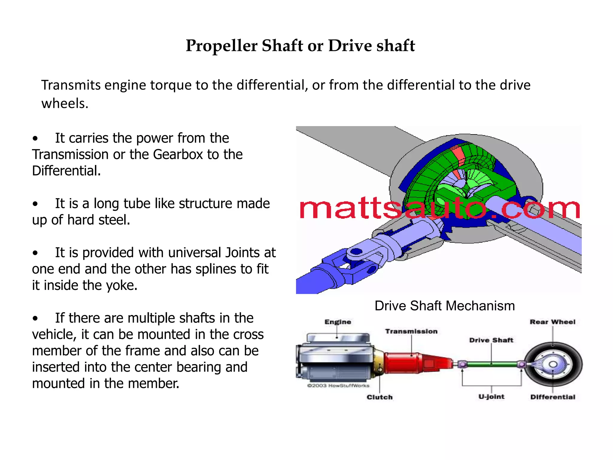 Propeller Shaft or Drive shaft

 Transmits engine torque to the differential, or from the differential to the drive
 wheels.

• It carries the power from the
Transmission or the Gearbox to the
Differential.

• It is a long tube like structure made
up of hard steel.

• It is provided with universal Joints at
one end and the other has splines to fit
it inside the yoke.
                                                        Drive Shaft Mechanism
• If there are multiple shafts in the
vehicle, it can be mounted in the cross
member of the frame and also can be
inserted into the center bearing and
mounted in the member.
 