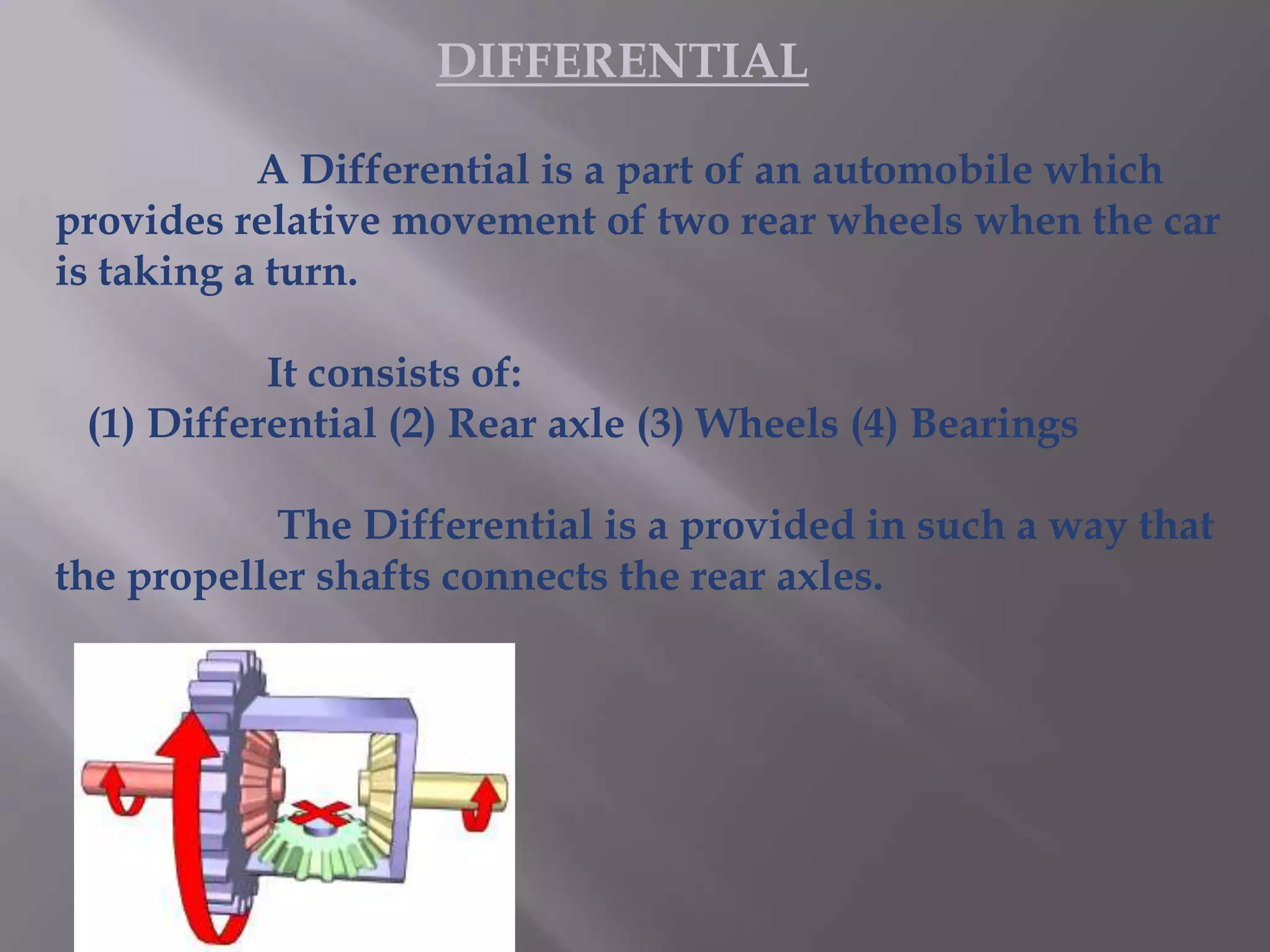 DIFFERENTIAL

           A Differential is a part of an automobile which
provides relative movement of two rear wheels when the car
is taking a turn.

           It consists of:
 (1) Differential (2) Rear axle (3) Wheels (4) Bearings

           The Differential is a provided in such a way that
the propeller shafts connects the rear axles.
 