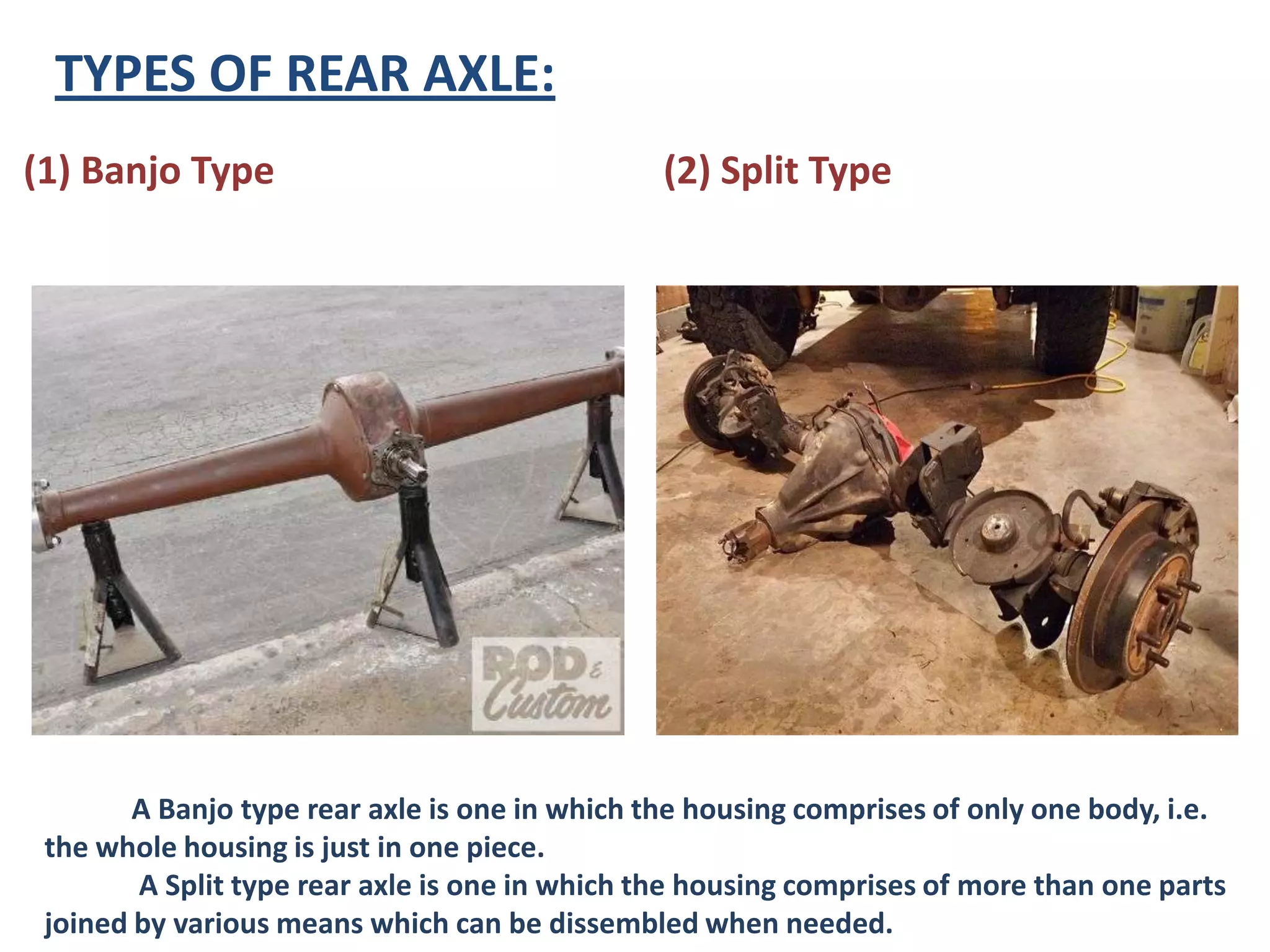 TYPES OF REAR AXLE:
(1) Banjo Type                                  (2) Split Type




        A Banjo type rear axle is one in which the housing comprises of only one body, i.e.
 the whole housing is just in one piece.
        A Split type rear axle is one in which the housing comprises of more than one parts
 joined by various means which can be dissembled when needed.
 