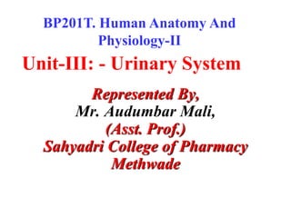 Unit-III: - Urinary System
Represented By,
Mr. Audumbar Mali,
(Asst. Prof.)
Sahyadri College of Pharmacy
Methwade
BP201T. Human Anatomy And
Physiology-II
 