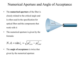 Numerical Aperture and Angle of Acceptance
• The numerical aperture of the fiber is
closely related to the critical angle and
is often used in the specification for
optical fiber and the components that
work with it
• The numerical aperture is given by the
formula:
• The angle of acceptance is twice that
given by the numerical aperture
22
sin.. cladcoreoiAN  
 
