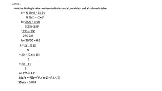 Contd.,
Note: for finding b value we have to find xy and x2
, so add xy and x2
column in table
b = N Σ(xy) − Σx Σy
N Σ(x2
) − (Σx)2
b=5(66)-15x20
5(55)-(15)2
=
330 – 300
275-225
b= 30/50 = 0.6
a = Σy − b Σx
N
= 20 – (0.6 x 15)
5
= 20 – 11
5
a= 9/5 = 2.2
SSy/x = √((y-y’)2
/ n-2)=√(2.4/3)
SSy/x = 0.894
 