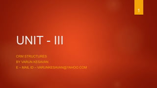 UNIT - III
CRM STRUCTURES
BY VARUN KESAVAN
E – MAIL ID – VARUNKESAVAN@YAHOO.COM
1
 