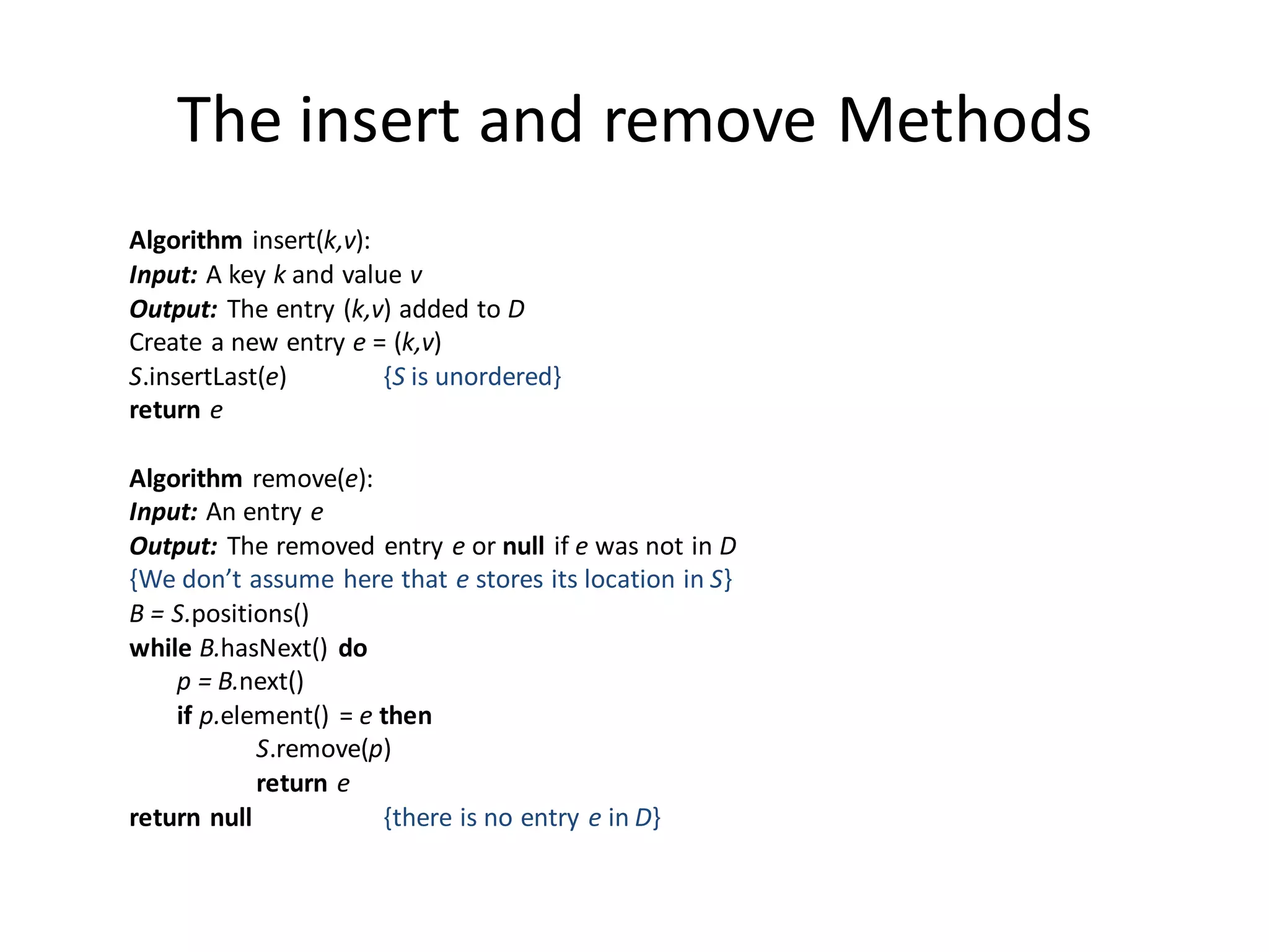 The insert and remove Methods
Algorithm insert(k,v):
Input: A key k and value v
Output: The entry (k,v) added to D
Create a new entry e = (k,v)
S.insertLast(e) {S is unordered}
return e
Algorithm remove(e):
Input: An entry e
Output: The removed entry e or null if e was not in D
{We don’t assume here that e stores its location in S}
B = S.positions()
while B.hasNext() do
p = B.next()
if p.element() = e then
S.remove(p)
return e
return null {there is no entry e in D}
 