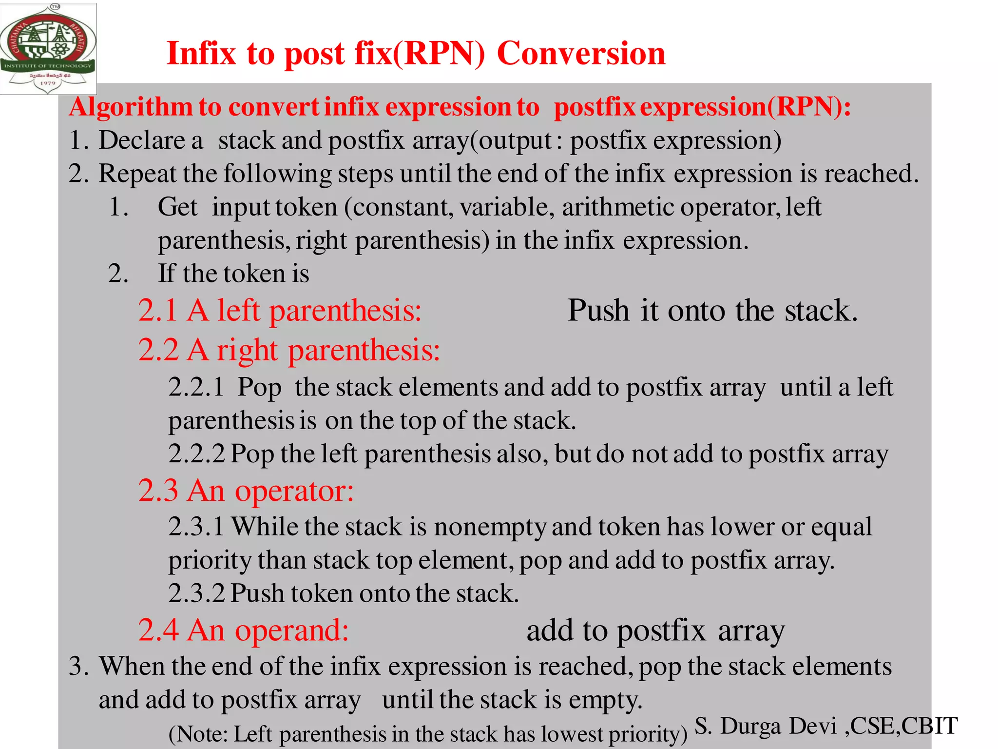 Infix to post fix(RPN) Conversion
Algorithm to convertinfix expressionto postfixexpression(RPN):
1. Declare a stack and postfix array(output: postfix expression)
2. Repeat the following steps until the end of the infix expression is reached.
1. Get input token (constant, variable, arithmetic operator,left
parenthesis, right parenthesis) in the infix expression.
2. If the token is
2.1 A left parenthesis: Push it onto the stack.
2.2 A right parenthesis:
2.2.1 Pop the stack elements and add to postfix array until a left
parenthesisis on the top of the stack.
2.2.2 Pop the left parenthesis also, but do not add to postfix array
2.3 An operator:
2.3.1 While the stack is nonemptyand token has lower or equal
priority than stack top element, pop and add to postfix array.
2.3.2 Push token onto the stack.
2.4 An operand: add to postfix array
3. When the end of the infix expression is reached, pop the stack elements
and add to postfix array until the stack is empty.
(Note: Left parenthesis in the stack has lowest priority) S. Durga Devi ,CSE,CBIT
 
