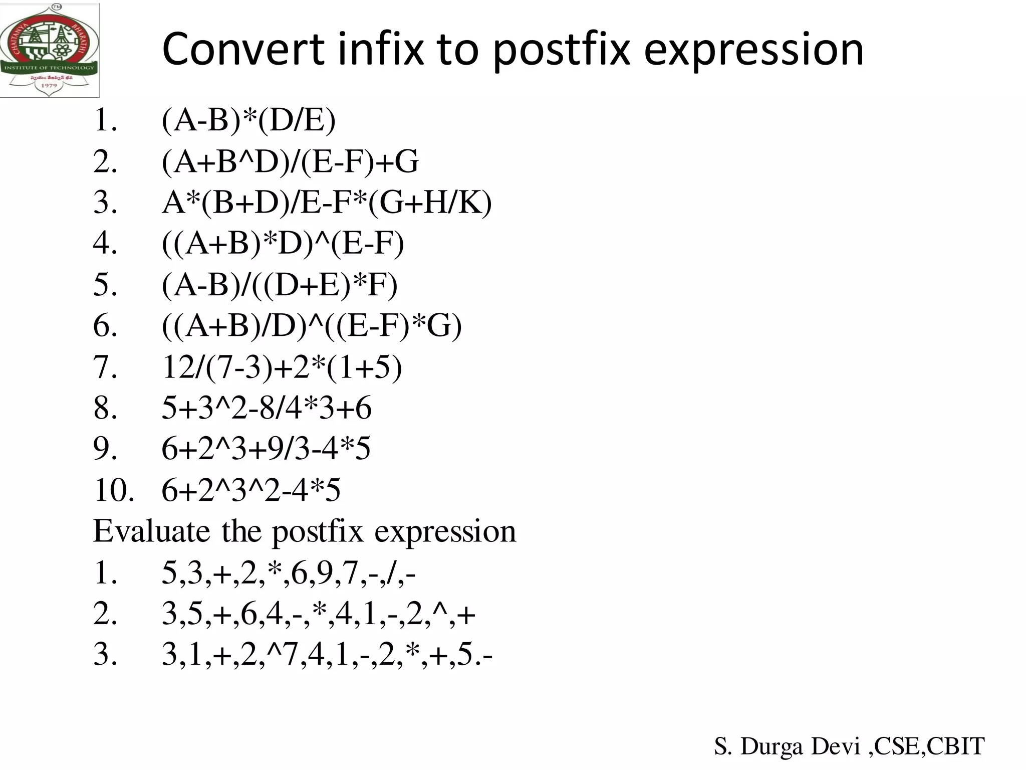 Convert infix to postfix expression
1. (A-B)*(D/E)
2. (A+B^D)/(E-F)+G
3. A*(B+D)/E-F*(G+H/K)
4. ((A+B)*D)^(E-F)
5. (A-B)/((D+E)*F)
6. ((A+B)/D)^((E-F)*G)
7. 12/(7-3)+2*(1+5)
8. 5+3^2-8/4*3+6
9. 6+2^3+9/3-4*5
10. 6+2^3^2-4*5
Evaluate the postfix expression
1. 5,3,+,2,*,6,9,7,-,/,-
2. 3,5,+,6,4,-,*,4,1,-,2,^,+
3. 3,1,+,2,^7,4,1,-,2,*,+,5.-
S. Durga Devi ,CSE,CBIT
 