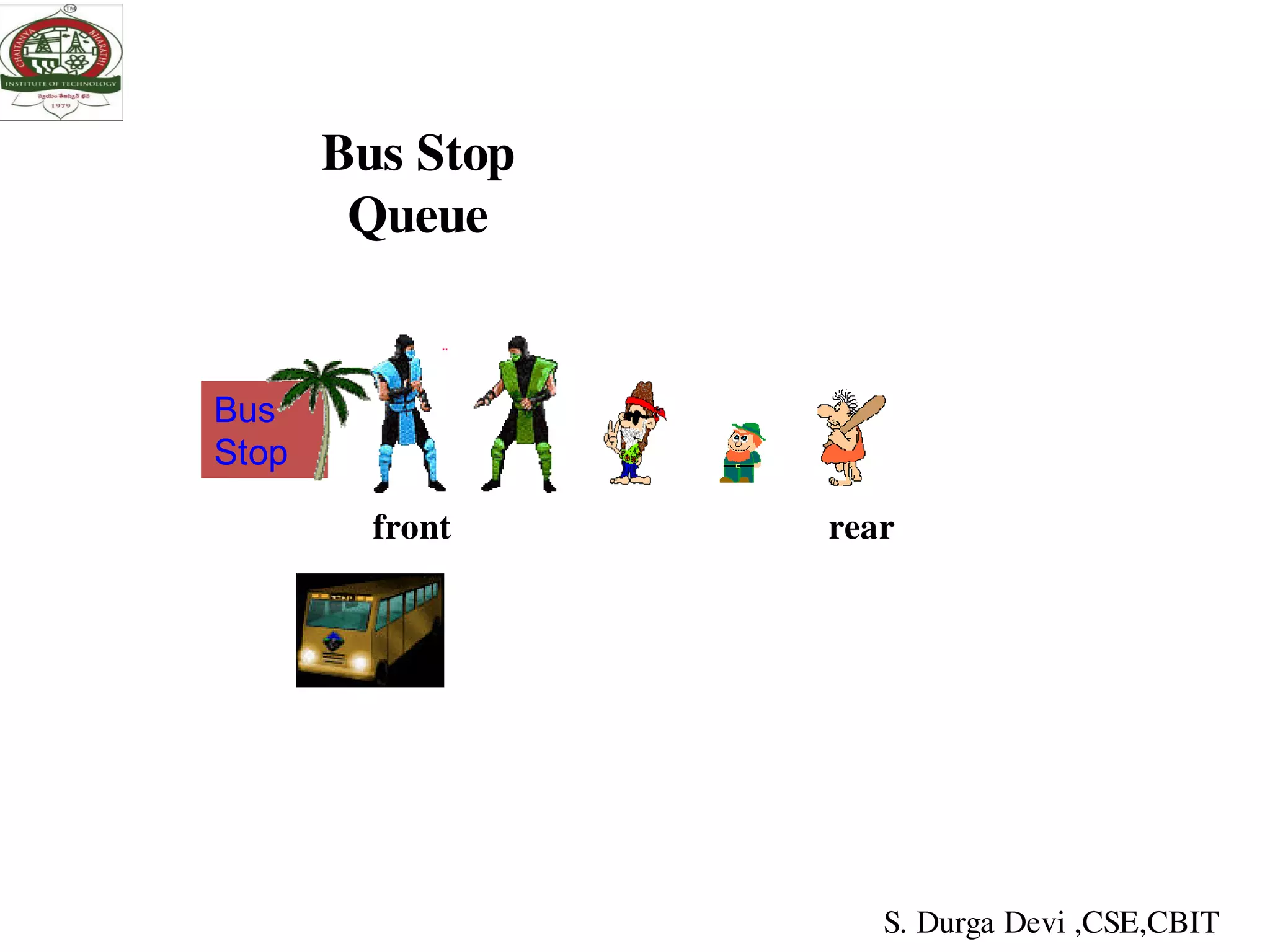 Bus Stop
Queue
Bus
Stop
front
rear
rear rear rear rear
S. Durga Devi ,CSE,CBIT
 