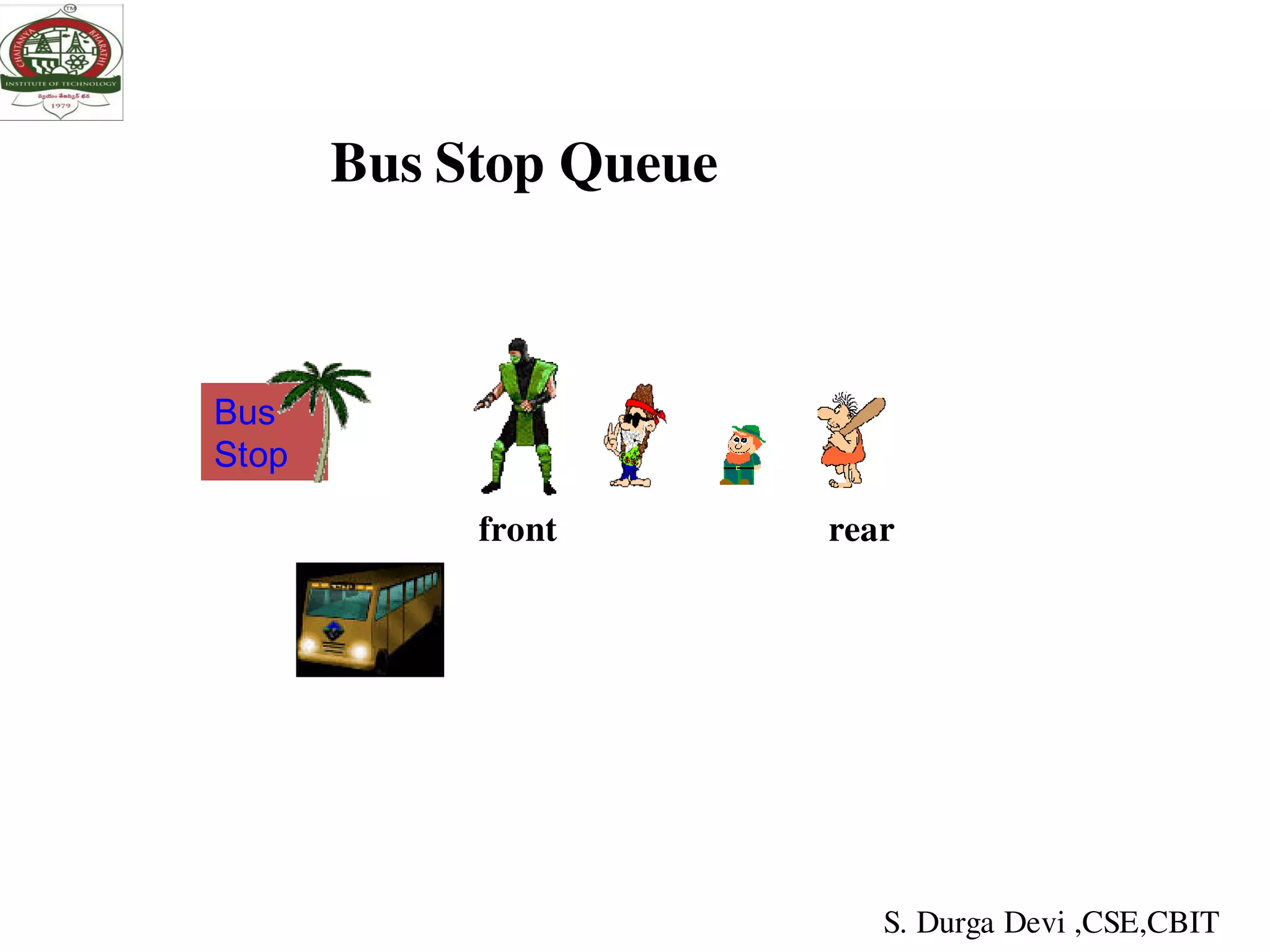 Bus Stop Queue
Bus
Stop
front
rear
rear rear
S. Durga Devi ,CSE,CBIT
 
