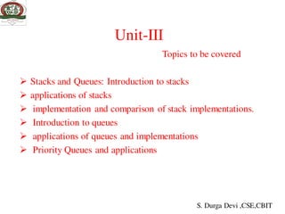 Unit-III
Topics to be covered
 Stacks and Queues: Introduction to stacks
 applications of stacks
 implementation and comparison of stack implementations.
 Introduction to queues
 applications of queues and implementations
 Priority Queues and applications
S. Durga Devi ,CSE,CBIT
 
