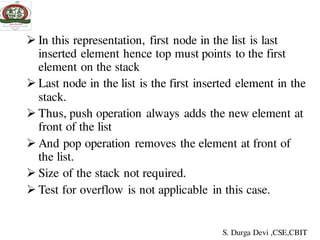  In this representation, first node in the list is last
inserted element hence top must points to the first
element on the stack
 Last node in the list is the first inserted element in the
stack.
 Thus, push operation always adds the new element at
front of the list
 And pop operation removes the element at front of
the list.
 Size of the stack not required.
 Test for overflow is not applicable in this case.
S. Durga Devi ,CSE,CBIT
 