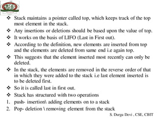  Stack maintains a pointer called top, which keeps track of the top
most element in the stack.
 Any insertions or deletions should be based upon the value of top.
 It works on the basis of LIFO (Last in First out).
 According to the definition, new elements are inserted from top
and the elements are deleted from same end i.e again top.
 This suggests that the element inserted most recently can only be
deleted.
 In the stack, the elements are removed in the reverse order of that
in which they were added to the stack i.e last element inserted is
to be deleted first.
 So it is called last in first out.
 Stack has structured with two operations
1. push- insertion adding elements on to a stack
2. Pop- deletion  removing element from the stack
S. Durga Devi , CSE, CBIT
 