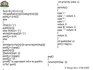 for(i=0,j=0;i<l;i++){
if((isalpha(in[i]))||(isdigit(in[i])))
post[j++]=in[i];
else
{
if(in[i]=='(')
push(in[i]);
else if(in[i]==')')
while((ch=pop())!='(')
post[j++]=ch;
else
{
while(priority(in[i])<=priority(str[top]))
post[j++]=pop();
push(in[i]);
}}}while(top!=-1)
post[j++]=pop();
post[j]='0';
printf("n equivalent infix to postfix
is:%s",post);
int priority (char c)
{
switch(c)
{
case'+':
case'-': return 1;
case'*':
case'/':
return 2;
case'$':return 3;
case '^':return 4;
}
return 0;
}
int push(char c)
{str[++top]=c;
}
pop()
{
return(str[top--]);
}
S. Durga Devi ,CSE,CBIT
 