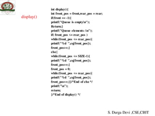display()
int display(){
int front_pos = front,rear_pos = rear;
if(front == -1){
printf("Queue is emptyn");
Return;}
printf("Queue elements :n");
if( front_pos <= rear_pos )
while(front_pos <= rear_pos){
printf("%d ",cq[front_pos]);
front_pos++;}
else{
while(front_pos <= SIZE-1){
printf("%d ",cq[front_pos]);
front_pos++;}
front_pos = 0;
while(front_pos <= rear_pos){
printf("%d ",cq[front_pos]);
front_pos++;}}/*End of else */
printf("n");
return;
}/*End of display() */
S. Durga Devi ,CSE,CBIT
 