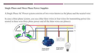 Single Phase and Three Phase Power Supplies
A Single Phase AC Power system consists of two wires known as the phase and the neutral wire.
In case a three phase system, you use either three wires or four wires for transmitting power (no
neutral in three wire three phase power and all the three wires are phases).
 