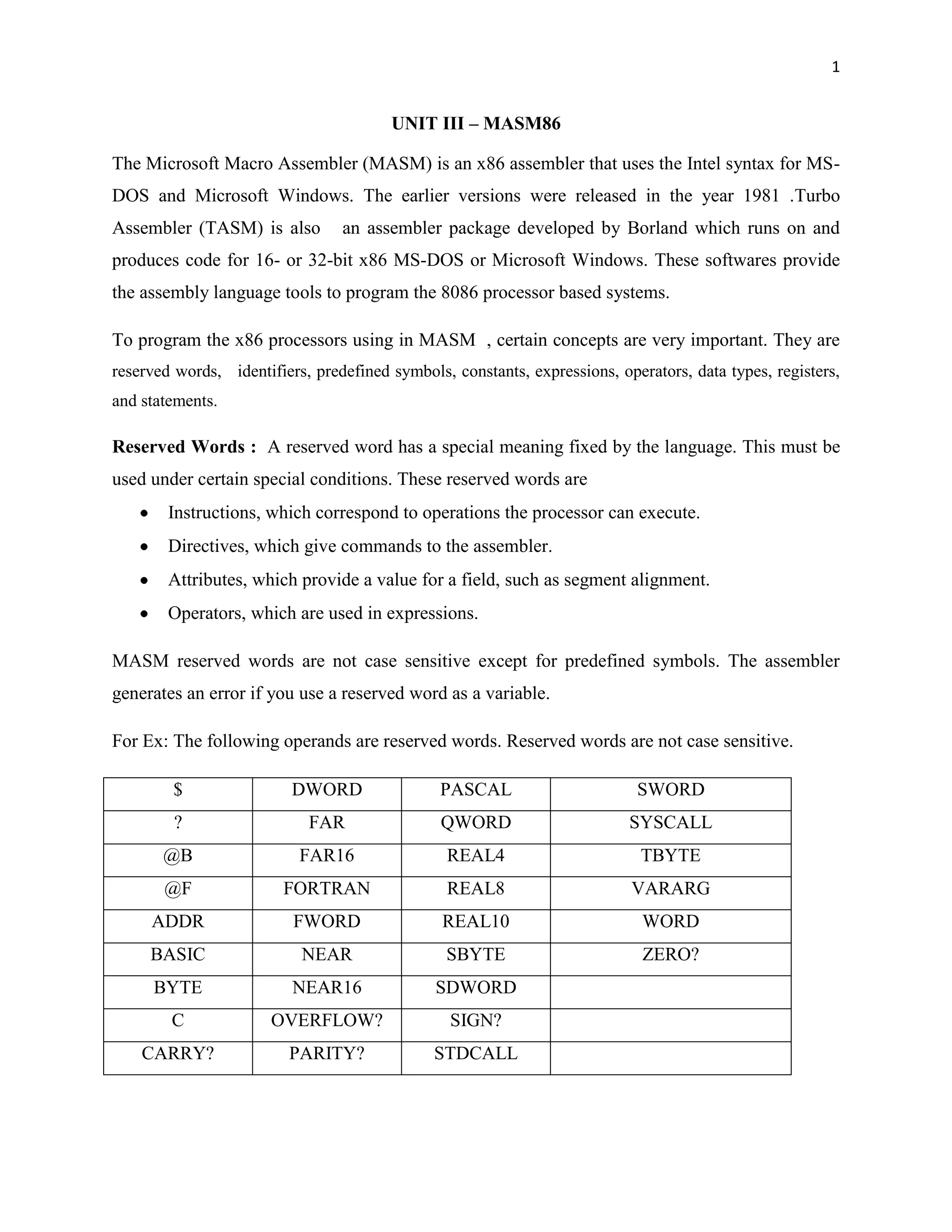 1


                                        UNIT III – MASM86

The Microsoft Macro Assembler (MASM) is an x86 assembler that uses the Intel syntax for MS-
DOS and Microsoft Windows. The earlier versions were released in the year 1981 .Turbo
Assembler (TASM) is also         an assembler package developed by Borland which runs on and
produces code for 16- or 32-bit x86 MS-DOS or Microsoft Windows. These softwares provide
the assembly language tools to program the 8086 processor based systems.

To program the x86 processors using in MASM , certain concepts are very important. They are
reserved words, identifiers, predefined symbols, constants, expressions, operators, data types, registers,
and statements.

Reserved Words : A reserved word has a special meaning fixed by the language. This must be
used under certain special conditions. These reserved words are
        Instructions, which correspond to operations the processor can execute.
        Directives, which give commands to the assembler.
        Attributes, which provide a value for a field, such as segment alignment.
        Operators, which are used in expressions.

MASM reserved words are not case sensitive except for predefined symbols. The assembler
generates an error if you use a reserved word as a variable.

For Ex: The following operands are reserved words. Reserved words are not case sensitive.

        $                 DWORD                PASCAL                       SWORD
         ?                  FAR                QWORD                       SYSCALL
       @B                  FAR16                REAL4                        TBYTE
       @F               FORTRAN                 REAL8                      VARARG
     ADDR                 FWORD                 REAL10                       WORD
     BASIC                 NEAR                 SBYTE                        ZERO?
      BYTE                NEAR16               SDWORD
        C              OVERFLOW?                 SIGN?
    CARRY?               PARITY?              STDCALL
 