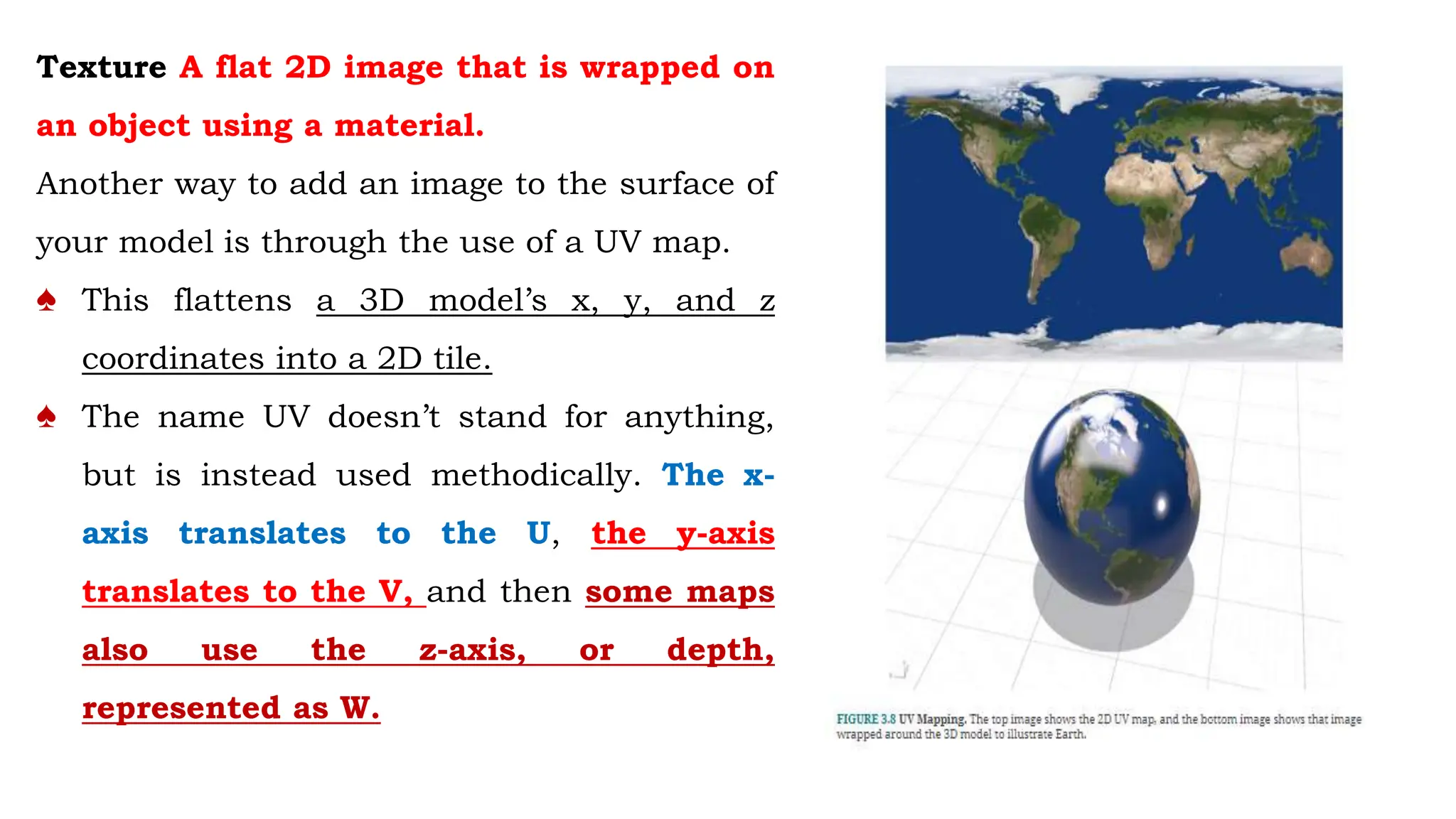 Texture A flat 2D image that is wrapped on
an object using a material.
Another way to add an image to the surface of
your model is through the use of a UV map.
♠ This flattens a 3D model’s x, y, and z
coordinates into a 2D tile.
♠ The name UV doesn’t stand for anything,
but is instead used methodically. The x-
axis translates to the U, the y-axis
translates to the V, and then some maps
also use the z-axis, or depth,
represented as W.
 