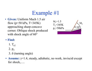 Example #1
• Given: Uniform Mach 1.5 air
flow (p=50 kPa, T=345K)
approaching sharp concave
corner. Oblique shock produced
with shock angle of 60°
• Find:
1. To2
2. p2
3.  (turning angle)
• Assume: =1.4, steady, adiabatic, no work, inviscid except
for shock,….
=60°
M1=1.5
T1=345K
p1=50kPa

M2
 