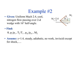 Example #2
• Given: Uniform Mach 2.4, cool,
nitrogen flow passing over 2-d
wedge with 16° half-angle.
• Find:
, p2/p1 , T2/T1 , po2/po1 , M2
• Assume: =1.4, steady, adiabatic, no work, inviscid except
for shock,….
M1=2.4 
M2
 