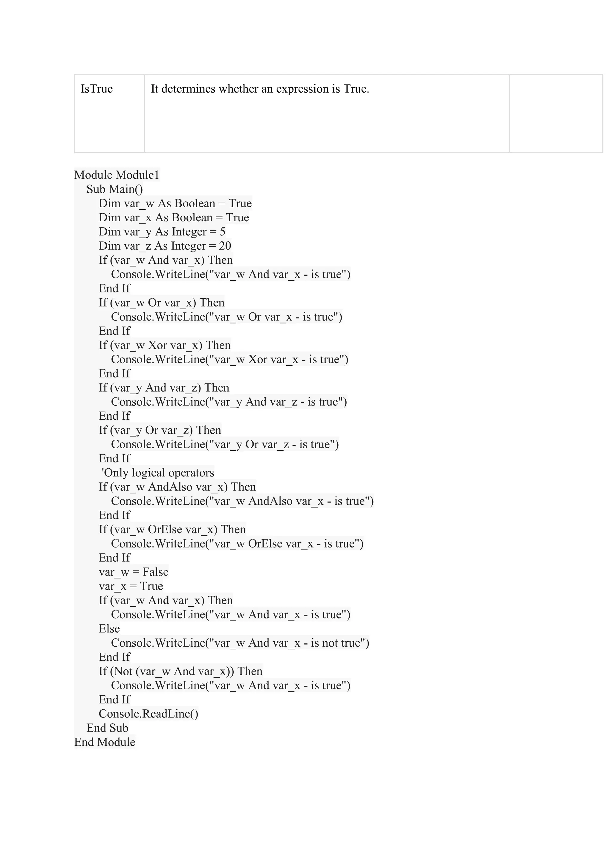 IsTrue It determines whether an expression is True.
Module Module1
Sub Main()
Dim var_w As Boolean = True
Dim var_x As Boolean = True
Dim var_y As Integer = 5
Dim var_z As Integer = 20
If (var_w And var_x) Then
Console.WriteLine("var_w And var_x - is true")
End If
If (var_w Or var_x) Then
Console.WriteLine("var_w Or var_x - is true")
End If
If (var_w Xor var_x) Then
Console.WriteLine("var_w Xor var_x - is true")
End If
If (var_y And var_z) Then
Console.WriteLine("var_y And var_z - is true")
End If
If (var_y Or var_z) Then
Console.WriteLine("var_y Or var_z - is true")
End If
'Only logical operators
If (var_w AndAlso var_x) Then
Console.WriteLine("var_w AndAlso var_x - is true")
End If
If (var_w OrElse var_x) Then
Console.WriteLine("var_w OrElse var_x - is true")
End If
var_w = False
var_x = True
If (var_w And var_x) Then
Console.WriteLine("var_w And var_x - is true")
Else
Console.WriteLine("var_w And var_x - is not true")
End If
If (Not (var_w And var_x)) Then
Console.WriteLine("var_w And var_x - is true")
End If
Console.ReadLine()
End Sub
End Module
 